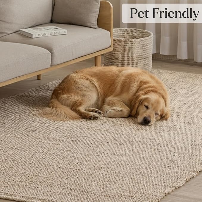 HOMEMONDE Hand Woven Jute Cotton Area Rug 5' x 8' ft Rectangle Natural Farmhouse Rug - Rustic Vintage Bohemian Rug for Living Room, Bedroom, Dining Room