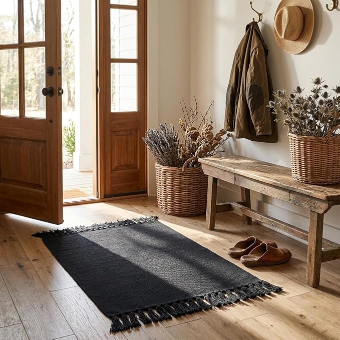 Seavish Black Kitchen Rug, 2x3 Cotton Hand Woven Recycled Throw Rug Runner Braided Entryway Floor Mat for Laundry Room Bathroom Bedroom Dorm