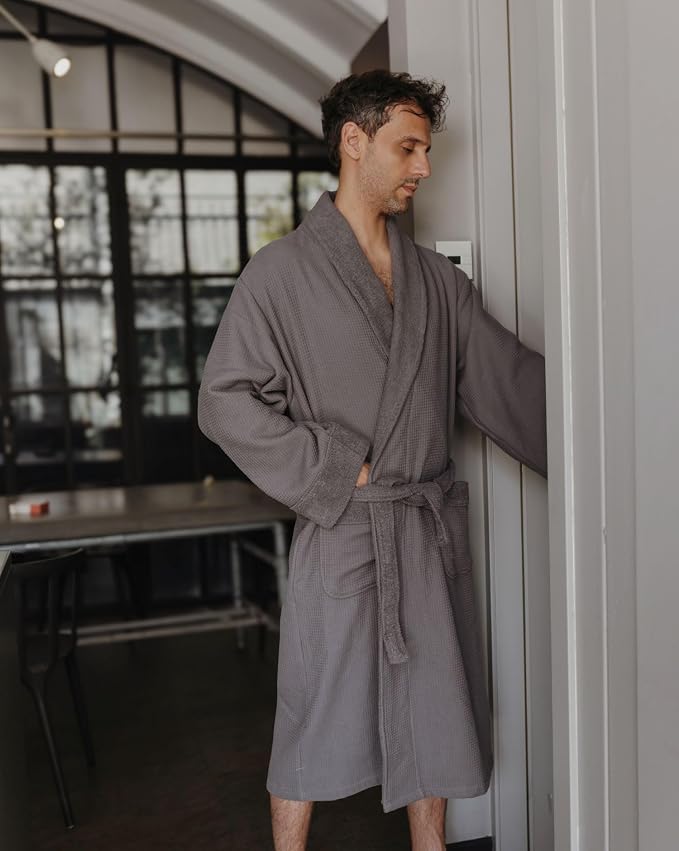 sea me at home Turkish Cotton Waffle Bathrobe, Luxury Spa Hotel Shawl Collar Robe for Women & Men, Plush Terry Inside