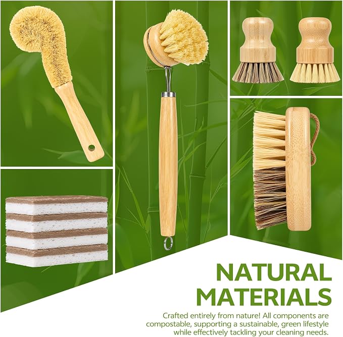 GREENTH PRO 9-Piece Bamboo Dish Brush Set with Natural Coconut Sponges | Dish Brush,Coconut Bottle Brush,Natural Kitchen Cleaning Set