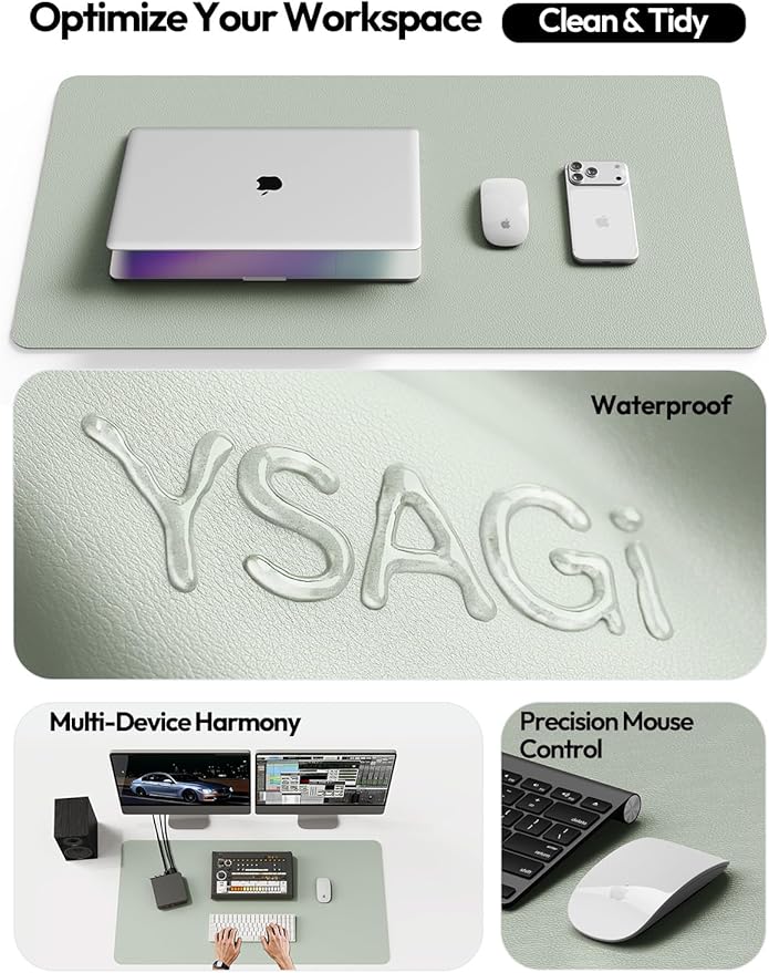 YSAGi Leather Desk Protector, Office Mat, Large Mouse Mat, Non-Slip PU Leather Blotter, Laptop Pad, Waterproof Writing Pad for Office and Home (Grayish Green, 35.4" x 17")