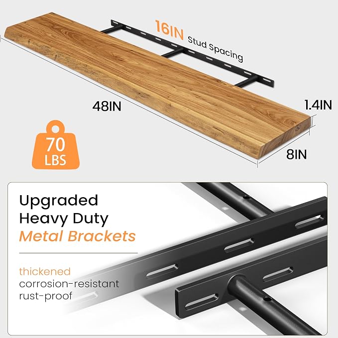 Fun Memories Floating Shelves for Wall Decor, Rustic Solid Elm Wood Live Edge Floating Shelves Wall Mounted, Heavy-Duty Shelf with Invisible Bracket for Living Room Kitchen, 48 Inch Set of 1, Natural