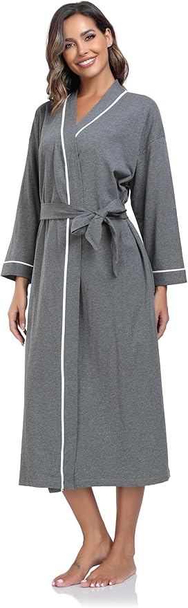 COLORFULLEAF 100% Cotton Women's Robes Summer Lightweight Kimono Soft Long Cotton Bathrobe for Women with Pockets