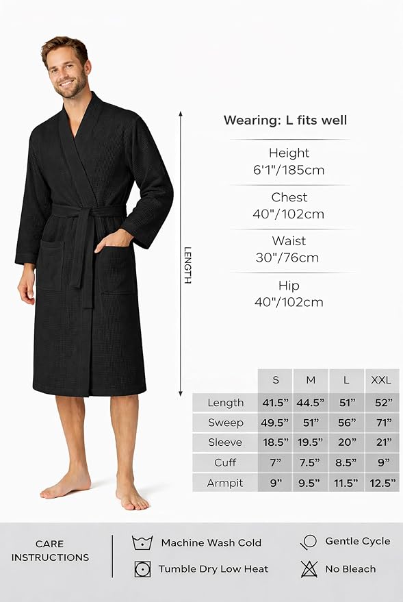 Turkish Linen Men’s Waffle Bathrobe Lightweight Kimono Spa Robe – Quick Dry Bath & Shower Robe for Men with Pockets