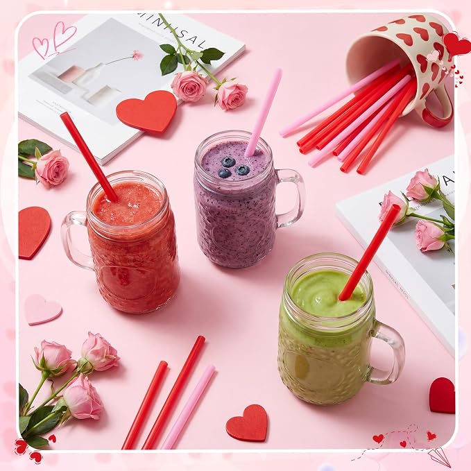 Honeydak 120 Pcs Red and Pink Straws, 9 Inch Reusable Hard PP Plastic Drinking Straws Cute Party Straw for Cocktails Smoothies Juice for Cold Drinks, Party Supplies
