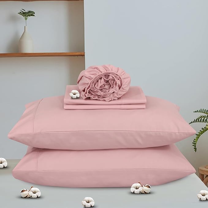 RUVANTI 100% Cotton Organic Percale Sheets Cal King Size – Crisp Cooling Bed Sheets for Hot Sleepers, Deep Pocket 13”, Soft Peach Finish, Breathable & Durable Hotel-Style 4 Pcs, Peach Skin