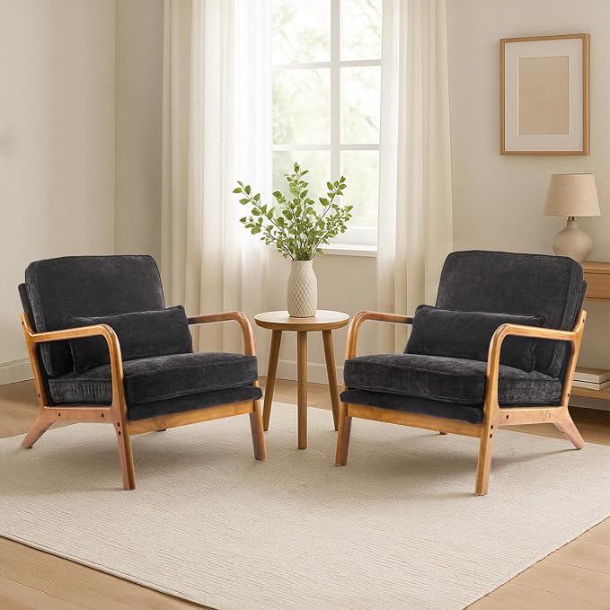 Karl home Mid-Century Modern Accent Reading Chair, Black | Chenille Upholstered, Solid Wood Frame, Soft Cushion, Lumbar Pillow, Lounge Armchair for Living Room, Bedroom, Balcony, Study