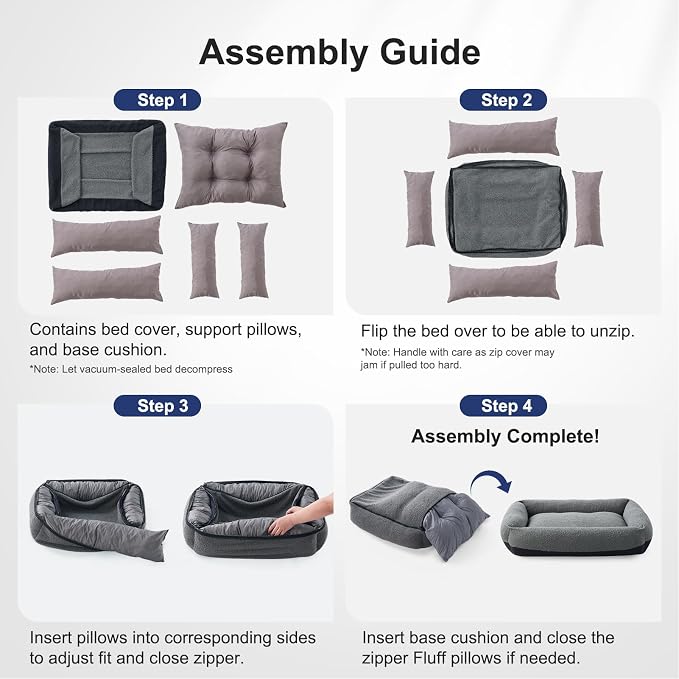 FURTIME Washable Dog Bed Extra Large Sized Dogs, Washable Comfy Fluffy XL Dog Bed, Removable Zipper Cover Machine Wash, Durable Sleeping Pet Cuddler Bed with Anti-Slip Bottom, 42x30x8 in, Dark Grey