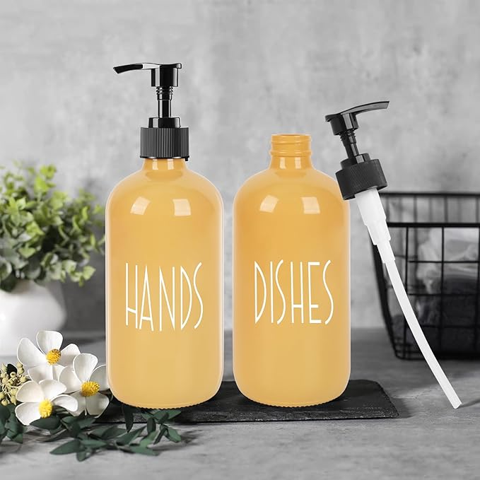 Glass Soap Dispenser with Plastic Pump for Kitchen - 16 OZ Glass Hand Soap Dispenser Set - Kitchen Bathroom Decor and Accessories (Yellow)