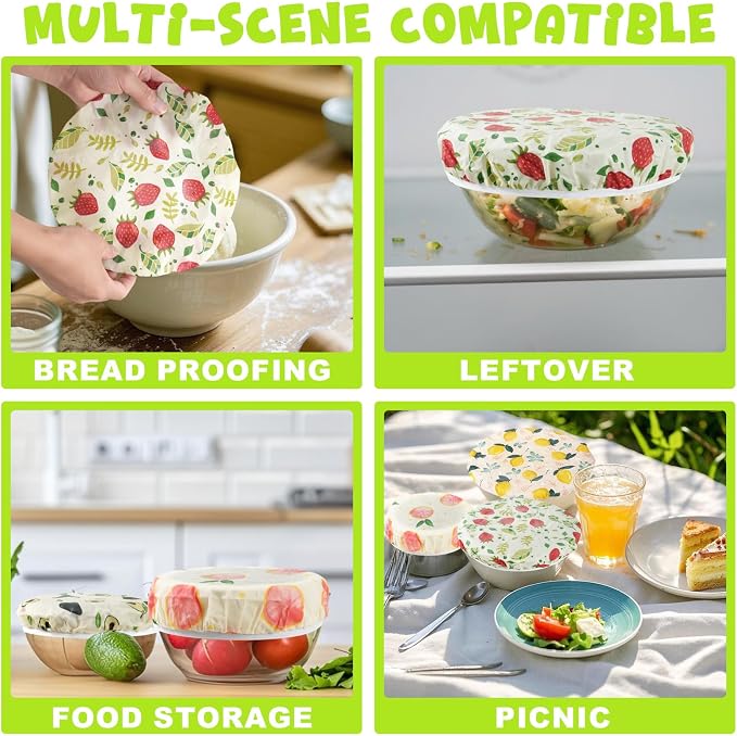 4-Pack Reusable Beeswax Bowl Covers with Fruit Pattern, 6/8/10/12 Inch Elastic Cotton Food Storage Covers for Bread Proofing, Sourdough Dough, Kitchen Containers & Food Storage