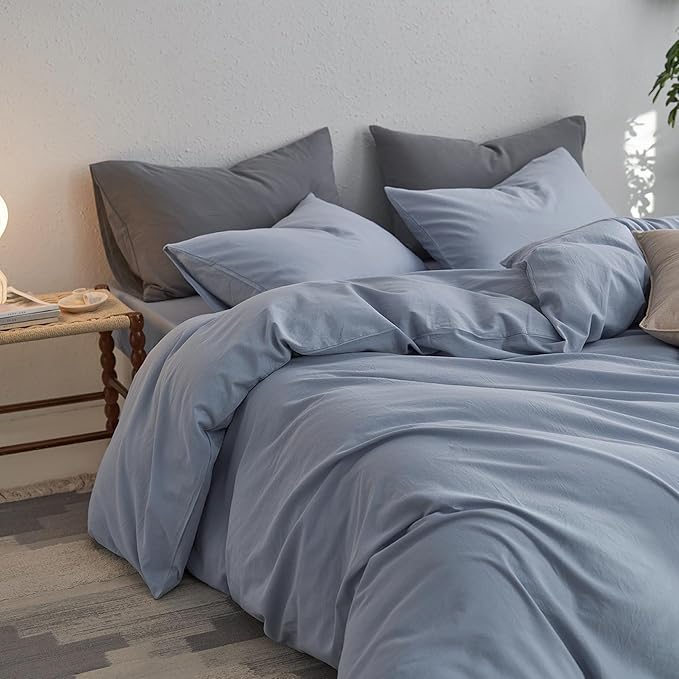 MooMee Bedding Duvet Cover Set 100% Washed Cotton Linen Twill Thick Sturdy Material Super Soft Breathable Durable for All Season 3 Pieces (Cornflower Blue, King)