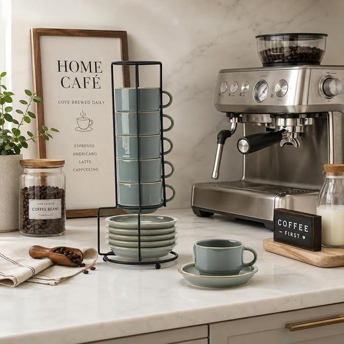 JIEMEI HOME Porcelain Stackable Espresso Cups with Saucers and Metal Stand, 4 Ounce Demitasse Cups for Latte, Cafe Mocha, Tea - Set of 6, Reactive Glaze, Wild Sage Earth Speckle
