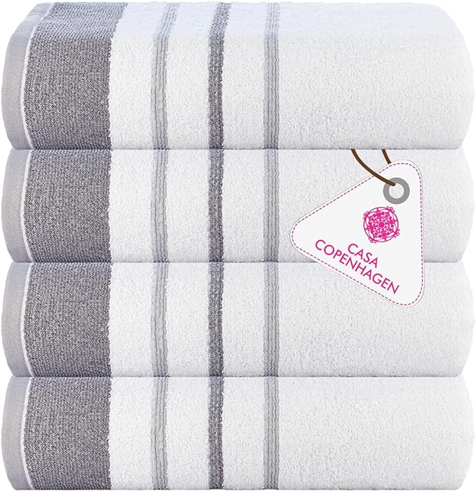CASA COPENHAGEN White Bay 4Pcs 100% Egyptian Cotton Large Designer Towels Gift Set- Grey - Dark Grey, 600 GSM, 55"x27", 4Bath Towels for Bathroom (Box Pack, Set for Women & Men)