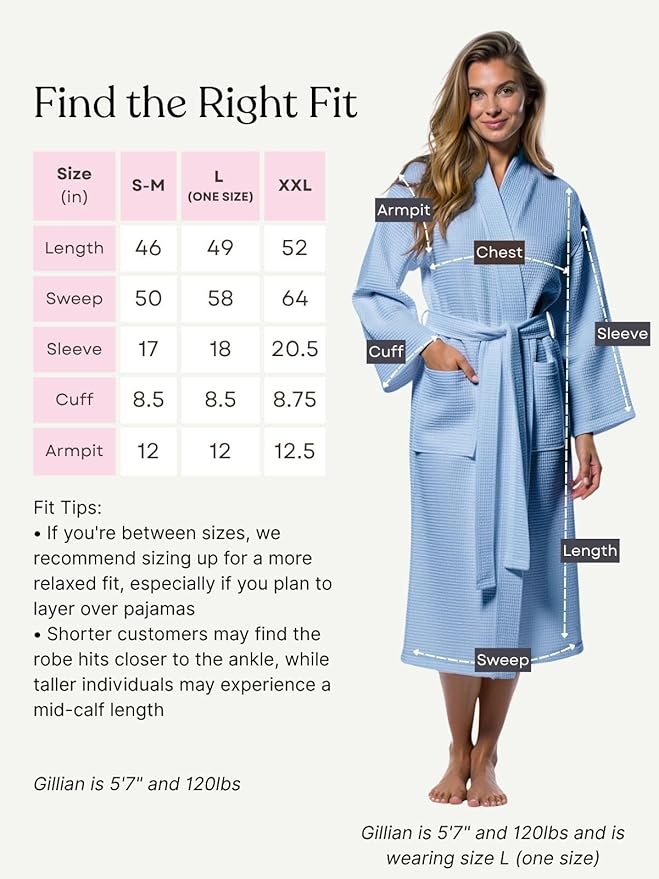 Turquaz Lightweight Waffle Knit Kimono Bathrobe - Soft Cotton Blend Spa Robe, Fast-Drying Full-Length Unisex Robes for Women