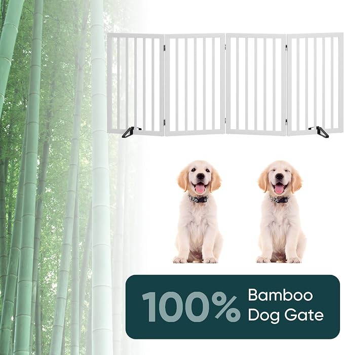 Semiocthome Freestanding Dog Gate 32" Tall, 4-Panel Foldable Dog Gates for Doorways Stairs House, Pet Gate Indoor with 2 Metal Stands, White