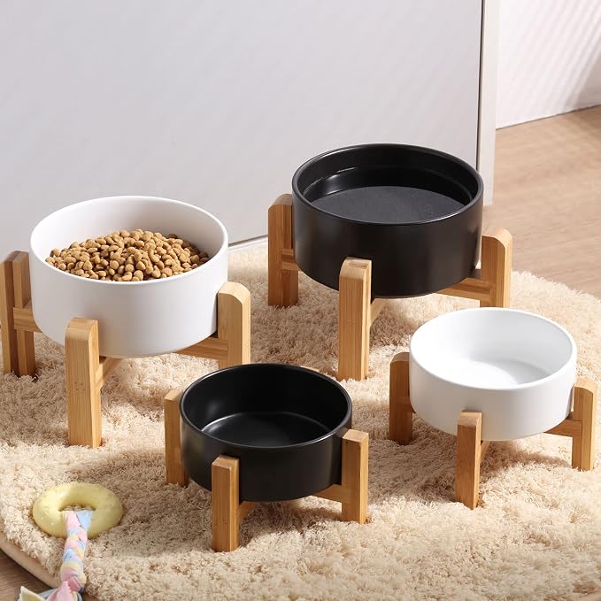 Petygooing 28 OZ Black Elevated/Raised Ceramic Dog Bowl for Small and Medium Breeds, Dog Food Water Dish with Stand,Pet Feeding Bowl with Anti Slip Rubber for Cats Small and Medium Dogs (3.6 Cups)