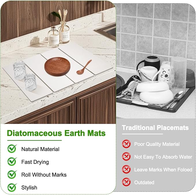 Large Dish Drying Mat for Kitchen Counter,24"×16"Fast Dry Pad Absorbent Countertop Mat, Heat-resistant Mat,Diatomaceous Earth Mats,White