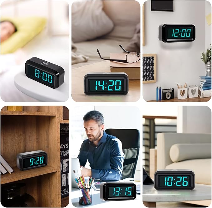 Digital Alarm Clock Battery Operated with LED Display for Bedrooms, Long Battery Life, 3 Brightness Adjustable, 12/24 Hour, Snooze, Black Case with Blue Digits