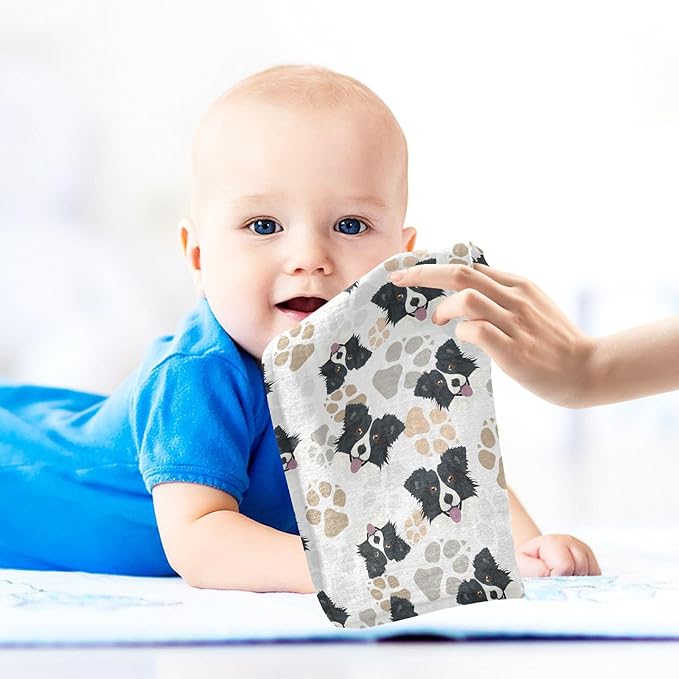 Baby Border Collie Dog Muslin Washcloths 3 Pack - Muslin Burp Cloths Hanky Large 11.8"X11.8" Extra Soft Absorbent Baby Burp Rags for Newborn 100% Cotton for Boys Girls Gift