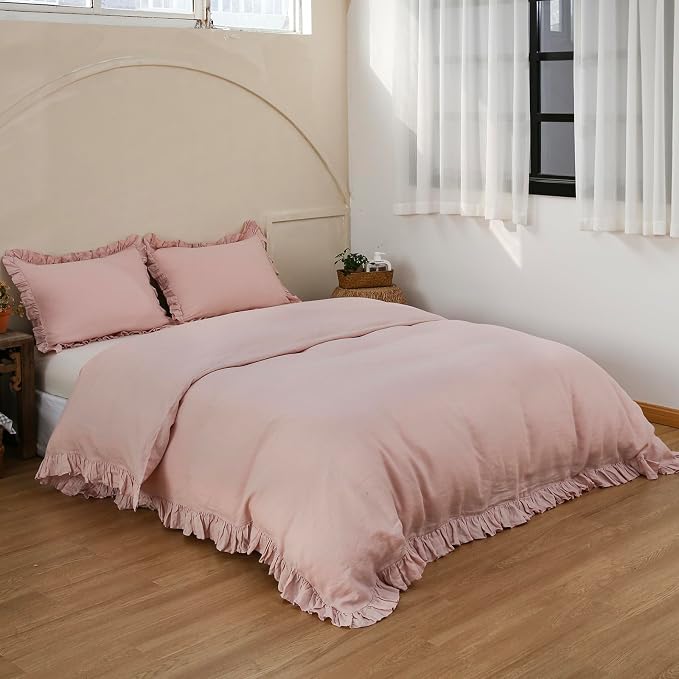 Simple&Opulence 100% Linen Duvet Cover Set, 3 PCS Natural French Flax Blush Pink Ruffle Duvet Cover Full Size, Breathable Comfy Linen Bedding Comforter Cover with 2 Pillowcases (Blush Pink, 78" X 86")