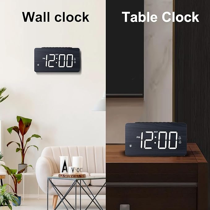 LICHI Wooden Digital Alarm Clock for Bedrooms, Loud Alarm for Heavy Sleepers, Dual Use as Desk/Wall Clock, Adjustable Volume, Dimmer, DST - Wood Decor & Gifts