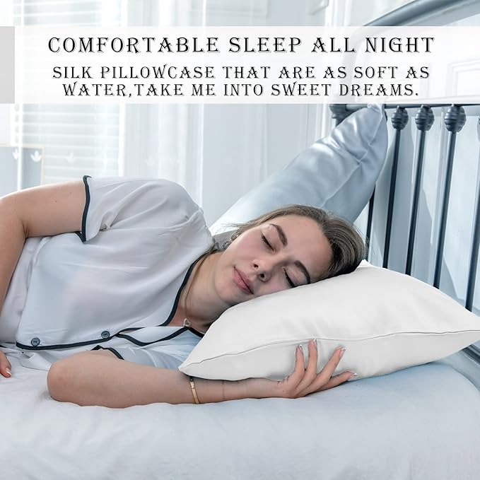 Natural Mulberry Silk Pillowcase for Hair and Skin Queen Size 20"X30" Pillow Case with Hidden Zipper Soft Breathable Smooth Cooling Silk Pillow Covers for Sleeping (White,Queen,1Pcs)