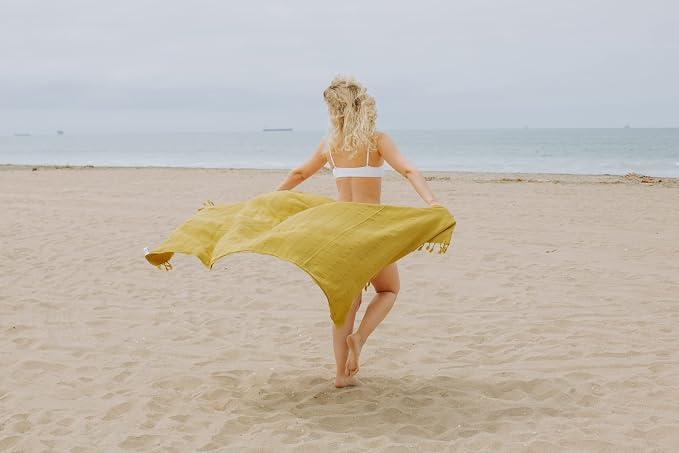 InfuseZen Stonewashed Turkish Cotton Bath and Beach Towel - Golden Yellow | 100% Organic, Thin, Soft, Lightweight, Absorbent, Quick-Drying, Large Peshtemal, Sand-Resistant for Shower, Pool, Spa, Travel