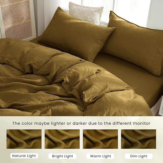 S VICTORY SYMBOL Pure Linen Duvet Cover Set 3pcs,Natural French Washed Flax Solid Color Soft Breathable(1 Duvet Cover and 2 Pillowcases) with Coconut Buttons Closure(Full,Ecru Olive)