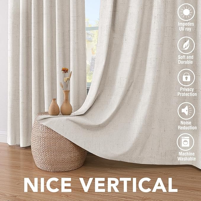 H.VERSAILTEX Linen Curtains 100% Blackout Curtains for Bedroom 102 inch Long Full Light Blocking Nature Linen Blended Window Curtains for Living Room Nickel Grommet (2 Panels, Ivory)