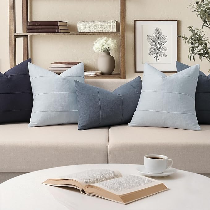 ZWJD Decorative Linen Throw Pillow Covers 16x16 Set of 2 Solid Handcrafted Striped Cushion Covers for Bed Soft Modern Farmhouse Neutral Pillowcase for Couch Bedroom Living Room Home Decor(Sky Blue)