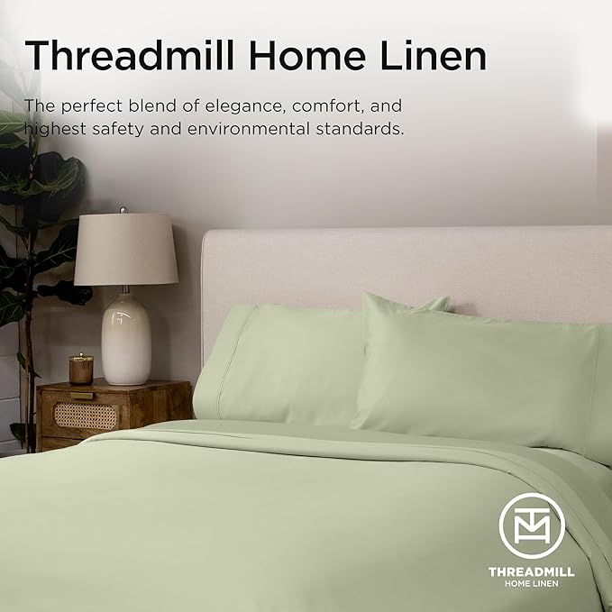 Threadmill Supima Cotton Sheets, 1000 Thread Count Cotton Sheets for Cal King Size Bed, 4 Pc Sage Green Cal King Bed Sheet Set, 5-Star Hotel Quality, Elasticized Deep Pocket Cal King Sheet