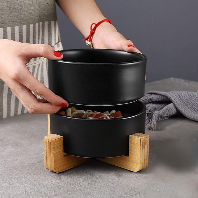 Petygooing Ceramic Black Cat Dog Bowl Set with Stand,Small Dog Bowls, Pet Food and Water Dish, Anti Slip Set of 2 Cat Bowl-Pet Food Dishes- Pet Bowls Small Size Pet (13.5OZ/5.1 in)