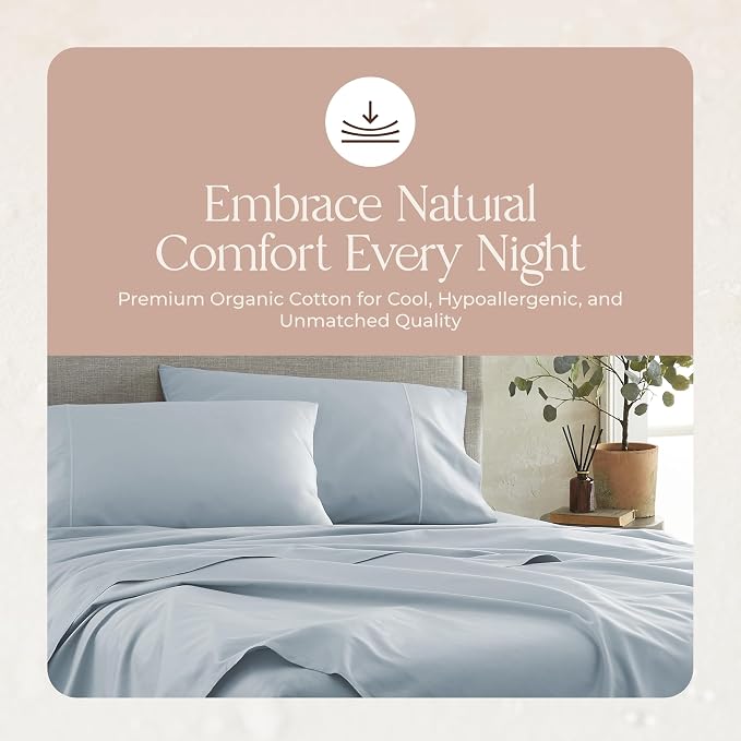 Certified Organic Full Flat Sheet Only - 100% Organic Cotton Top Sheet with Luxurious Soft and Breathable 300 Thread Count Sateen Weave Finish - GOTS & Fairtrade Certified (Powder, Full)