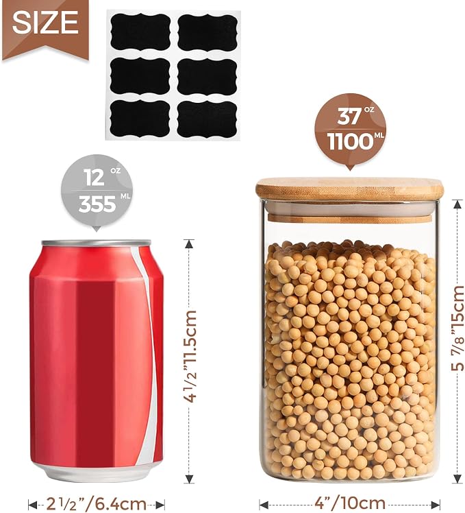 ComSaf Airtight Glass Storage Canister with Wood Lid (50oz&37oz), Clear Food Storage Container Jar with Sealing Bamboo Lid for Noodles Flour Cereal Rice Sugar Tea Coffee Beans, Set of 7