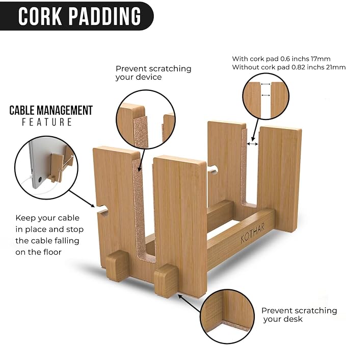 Kothar Wooden Vertical Laptop Stand for Desk, Vertical Laptop Holder, Bamboo, Desktop Dock for Apple MacBook, Microsoft Surface, iPad, Tablets and More