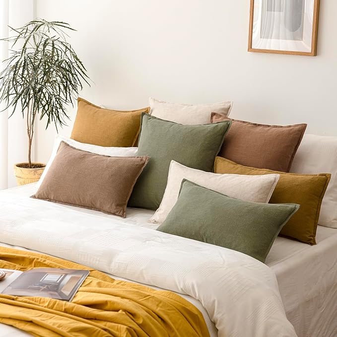 Foindtower Pack of 2, Decorative Linen Soild Throw Pillow Covers Soft Accent Cushion Case Boho Farmhouse Pillowcase for Chair Couch Sofa Bedroom Living Room Home Decor 16 x 16 Inch Light Khaki Brown