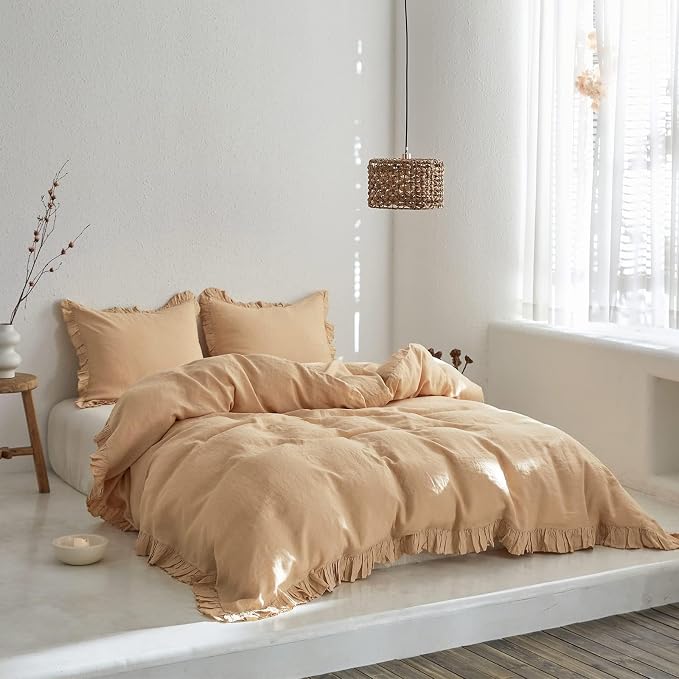 Simple&Opulence 100% Linen Duvet Cover Set, Natural French Flax Sand Ruffle Duvet Cover Twin Size, Breathable Comfy Linen Bedding Comforter Cover with 1 Pillowcase (Sand, 68" x 86")