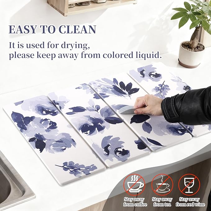 3 PCS Stone Dish Drying Mat for Kitchen Counter, Quick Dry Foldable Stone Dishes Mats, Water Absorbing Diatomaceous Earth Drying Organizer for Dishes Bottles, Cups and Tableware (Blue)