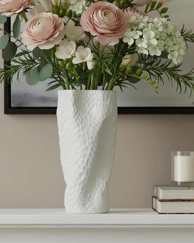 White Matte Ceramic Vase, 9.9 Inch Organic Nature Trunk Shape, OOSTONEE Modern Wabi Sabi Unique Flower Vase for Home, Living Room, Bedroom, Dining Table, Centerpiece Decor