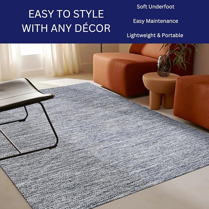 Hand Woven Area Rug 3x5 Feet - Rustic Farmhouse Bohemian Accent Rug for Living Room Bedroom Kitchen Entryway Floor Mats - Ideal for High Traffic Areas 100% Cotton Rag Rug Blue