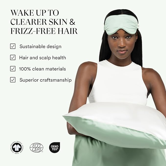 Clementine Sleepwear Essentials Organic Queen Size Pillowcase Match Point Green | Two-Tone Bamboo and Silver Ion Silk for Acne-Prone Skin, Anti-Aging, and Hydrated Hair and Skin
