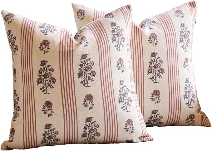 Amor Virisso Floral Throw Pillow Covers 24x24 Set of 2 Block Print Pillow Covers Neutral Floral Striped Farmhouse Decorative Pillow Covers for Sofa Couch Bed, Red