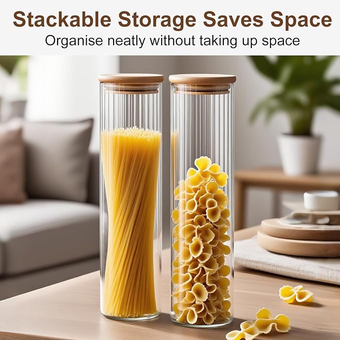 4 Pack 1100ml/37.2oz Airtight Glass Storage Jars with Lids - Cereal Flour Storage Containers - Pasta Jars for Storage - Kitchen Canisters for Oats,Nuts,spaghetti