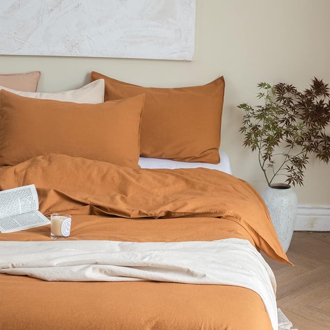 BISELINA French Linen Duvet Cover Set 3pcs with Hidden Zipper Closure Natural Flax Cotton Blend Solid Color Soft Breathable Luxury Farmhouse Bedding -Queen Size, Rust
