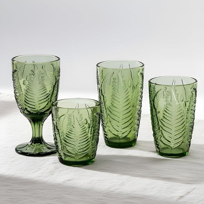 Green Drinking Glasses Set of 8, 10 oz Hand-Pressed Old Fashioned Glass Cups, Fern Textured Retro Lowball Tumblers, Vintage Glassware for Water, Whiskey, Wine, Cocktails & Juice, Housewarming Gift Set
