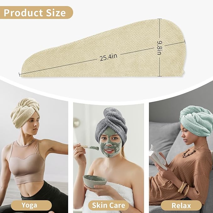 my novel things 3 Pack Microfiber Hair Towel Wrap for Women 25.4" x 9.8", Super Absorbent Quick Dry Towels with Button for Curly Wet Hair Anti Frizz (Camel,Green,Gray)