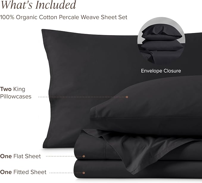 Bare Home 100% Organic Cotton Split Head Flex King Sheet Set - Crisp Percale Weave - Lightweight & Breathable - Bedding Sheets & Pillowcases (Split Head Flex King, Black)