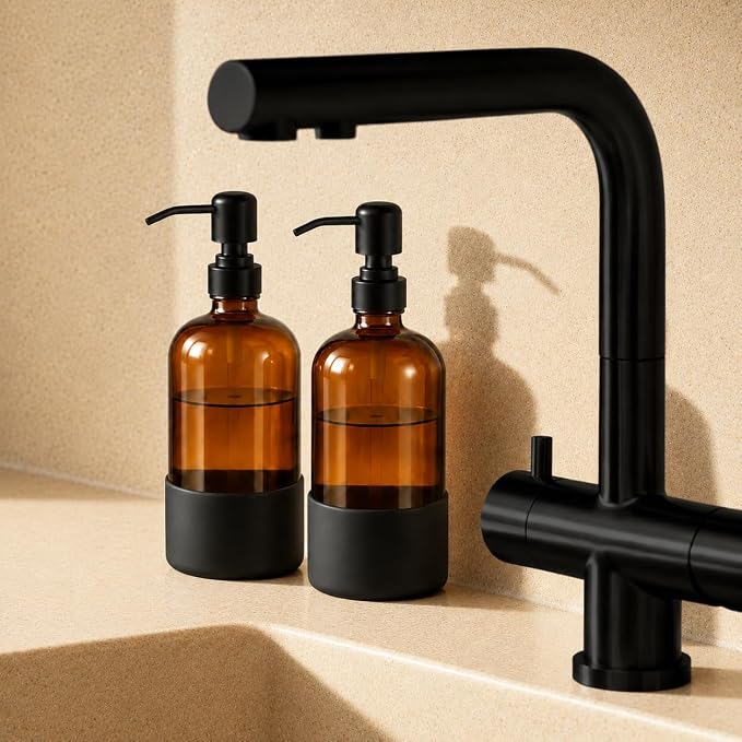 16 oz Hand and Dish Soap Dispenser Set for Kitchen and Bathroom, 500ml Amber Glass Soap Dispenser with Stainless Steel Pump, Non-Slip Silicone Sleeves, Labels - 2 Pack