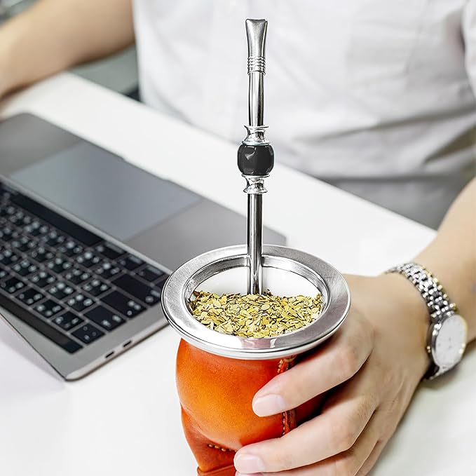 CUOPRU Yerba Mate Bombillas Set - Included Mate Gourd Stainless Steel Straws with Straw Case, Removable Head Filter, Colorful Bead, Cleaning Brush (Black and Green)