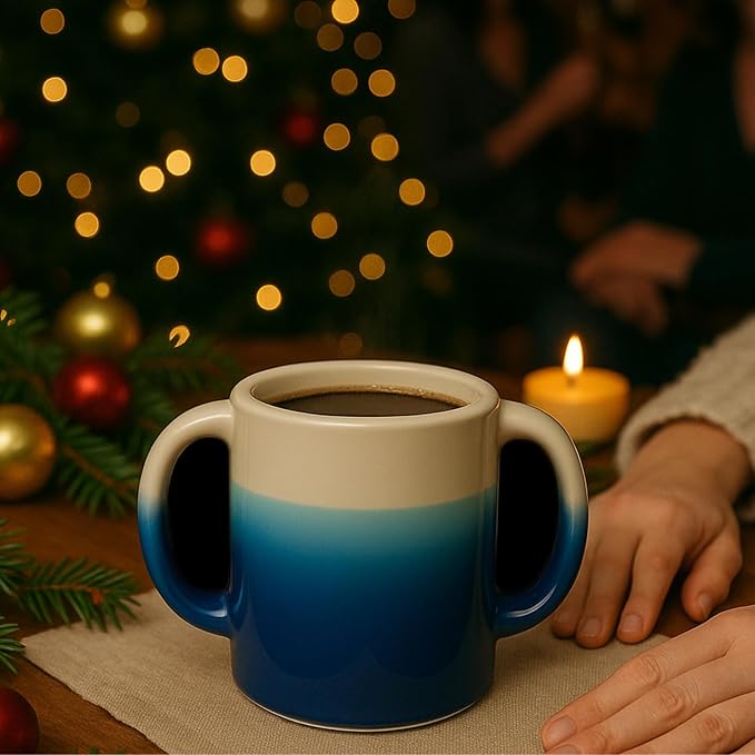 GUTE Handmade Pottery Double Hand Warmer Mug - 14 oz Ceramic Coffee Mug with Contoured Pockets for Both Hands Clay, Dishwasher & Microwave Safe, Comfy Blue - Winter Stocking Stuffer Gift